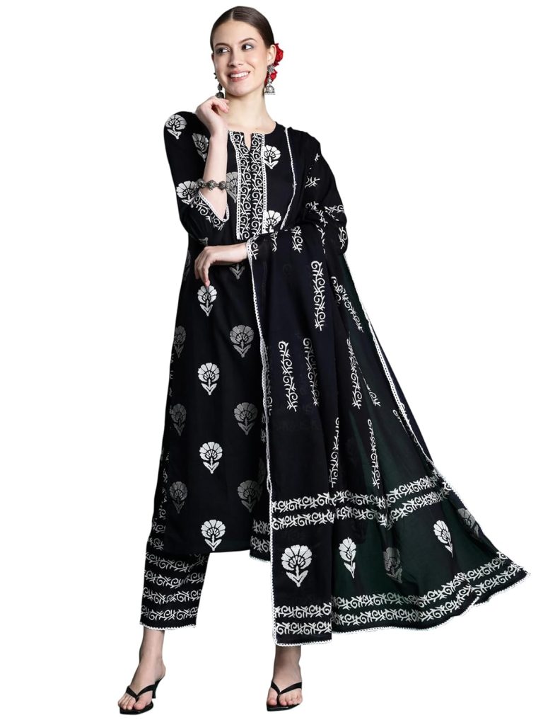 INDO ERA Women's Printed Pure Cotton Straight Kurta Pant With Dupatta Set (Iepnd5527)
