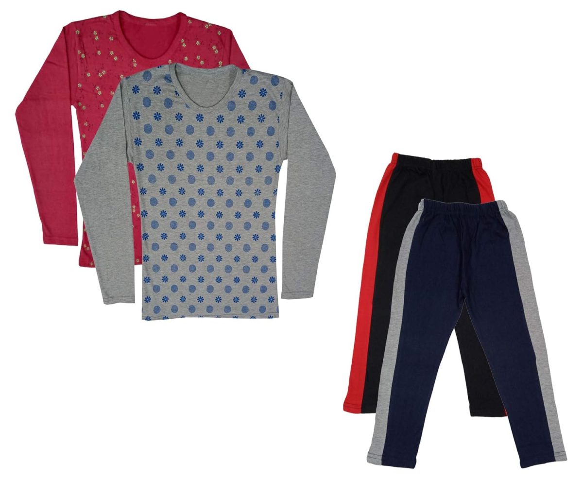 IndiWeaves Girls Cotton Full Sleeve Printed T-Shirts and Cotton Capri 3/4 Pants (Black,Navy Blue,Maroon,Grey,14-15 Years) Pack of 4