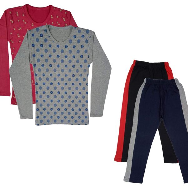 IndiWeaves Girls Cotton Full Sleeve Printed T-Shirts and Cotton Capri 3/4 Pants (Black,Navy Blue,Maroon,Grey,14-15 Years) Pack of 4