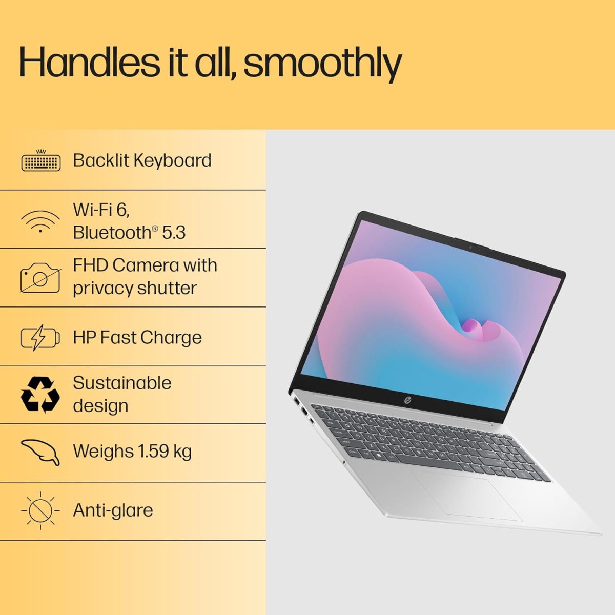 HP 15, AMD Ryzen 7 7730U Laptop (16GB DDR4,512GB SSD) Anti-Glare, Micro-Edge,15.6''/39.6cm, FHD, Win11, M365 Basic(1yr),Office Home24,Silver,1.59kg,FHD Camera w/Privacy Shutter, Backlit, fc0390AU - Image 4