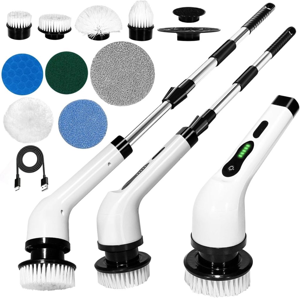 NELVINEXPORTS Electric Spin Scrubber, Cleaning Brush Scrubber for Home, 400RPM/Mins-9 Replaceable Brush Heads-90Mins Work Time, 3 Adjustable Size, 2 Adjustable Speeds Tiles Scrubber with Heavy Duty
