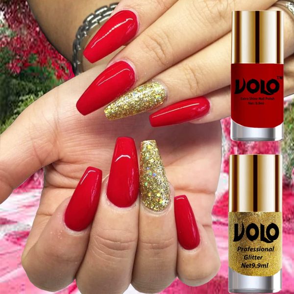 Volo Gloss Shine Blood Red Nail Polish Glitter High Shine Golden Nail Paint Set of 2 Pcs Long Stay on Nails 19.8 ml