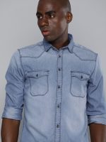 The Indian Garage Co Men's Cotton Slim Fit Solid Full Sleeves Cutaway Collar Double Flap Pocket Casual Denim Shirt - Image 3