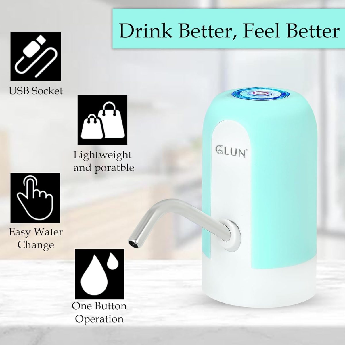GLUN® Portable Water Dispenser, Rechargable Water Dispenser Pump Type-C Cable, Pumps Water Upto 5 to 20 Litre Bottle - Image 6