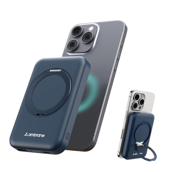 Ambrane MagSafe Wireless 10000mAh Fast Charging Power Bank with Mobile Stand, Strong Magnet, 22.5W Output for iPhone 12 & Above, Android & Other Qi Enabled Device + Magnetic Ring (Mount, Blue)