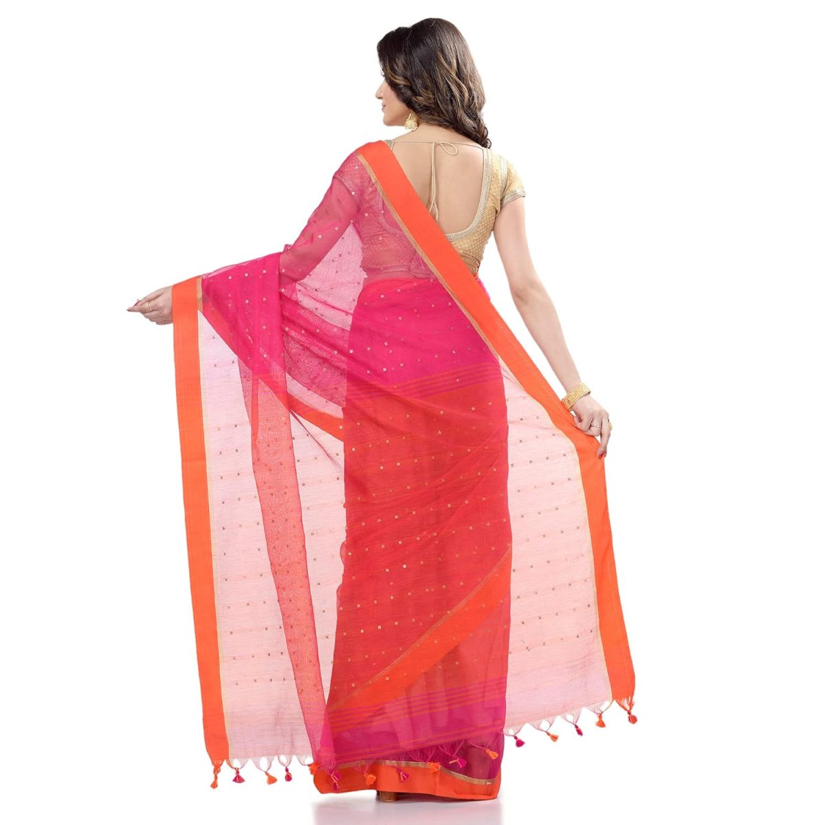 Bengal Cotton Women`s Tant Silk Handloom Cotton Saree Sequence Work With Blouse Piece(Pink Orange) - Image 2