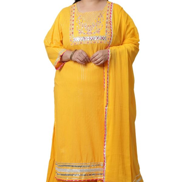 Rajnandini Women's Yellow Pure Cotton Lurex Embroidered Kurta Set With Dupatta (JOPLVL259X-P)