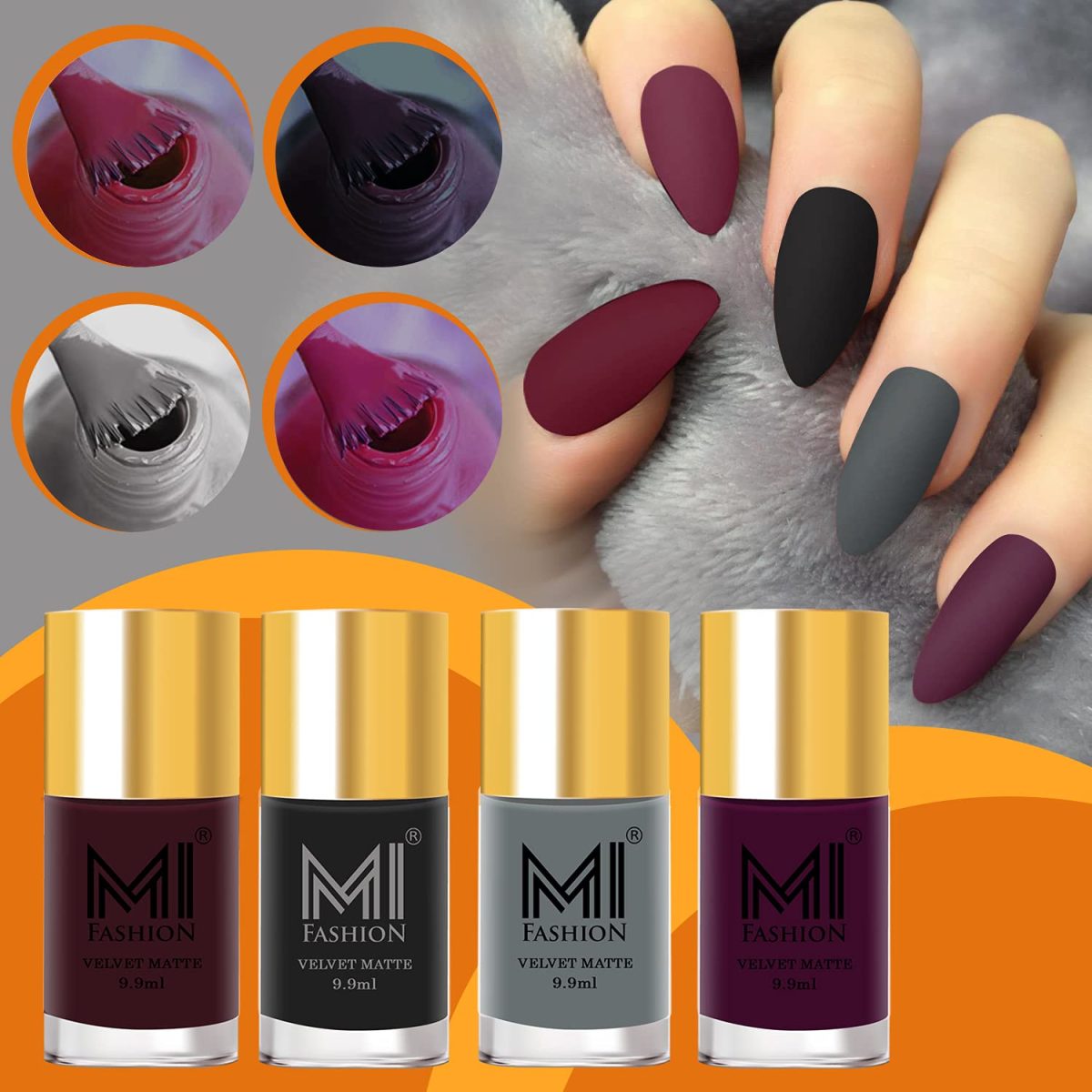 MI FASHION Soft Smooth Unique Matte Finish Nail Polish 4 Unique Colors - Dark Sienna, Black, Ash Grey, Aubergine, 39.6, 9.9Ml X 4 Each