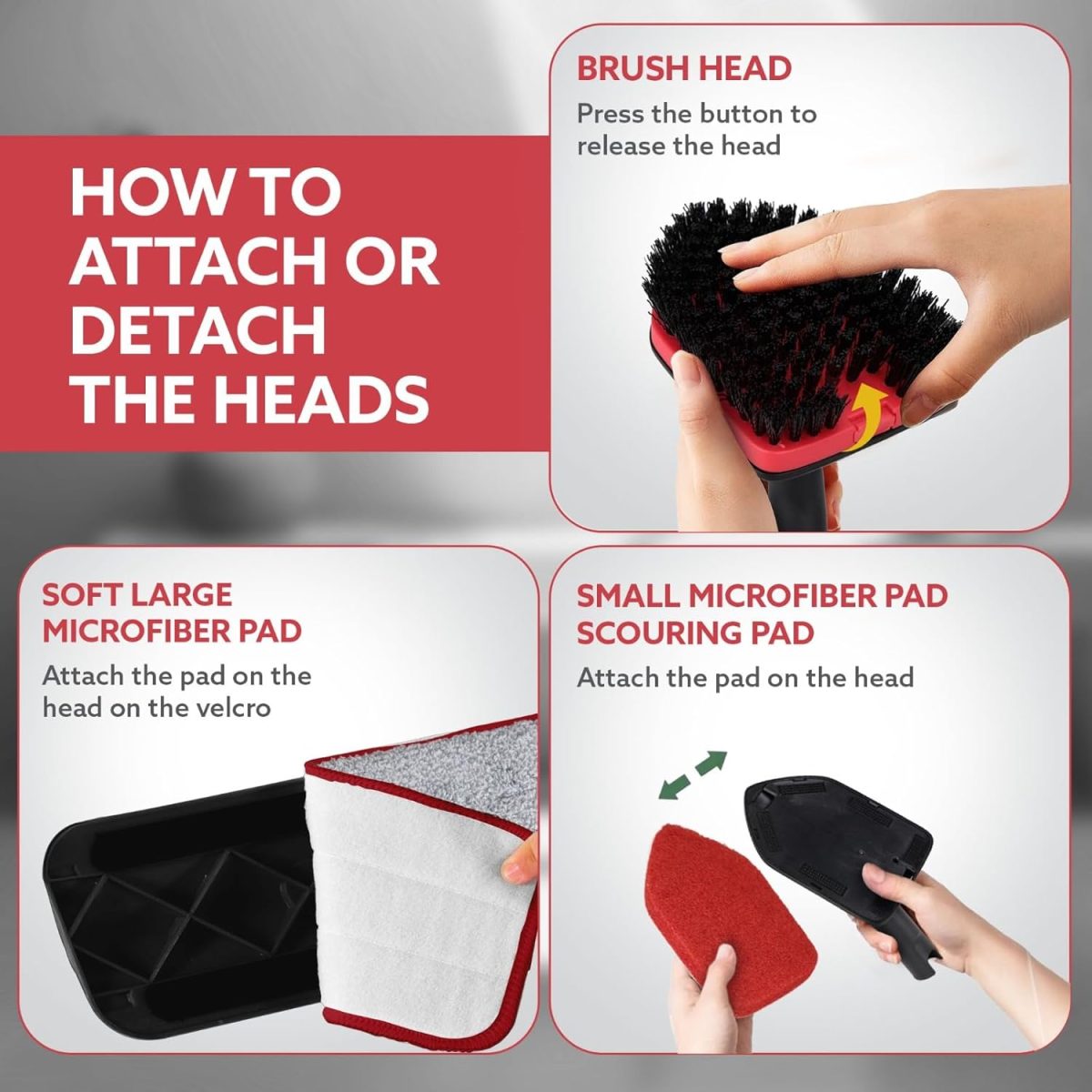 AGARO Elite Cleaning Mop & Brush Set, Bathroom Cleaning Brush, Long Handle, Hard Brush, Microfiber Pad & Scrubber, for Tiles, Kitchen, Toilet, Window Glass, Detachable Head, Black & Red - Image 5
