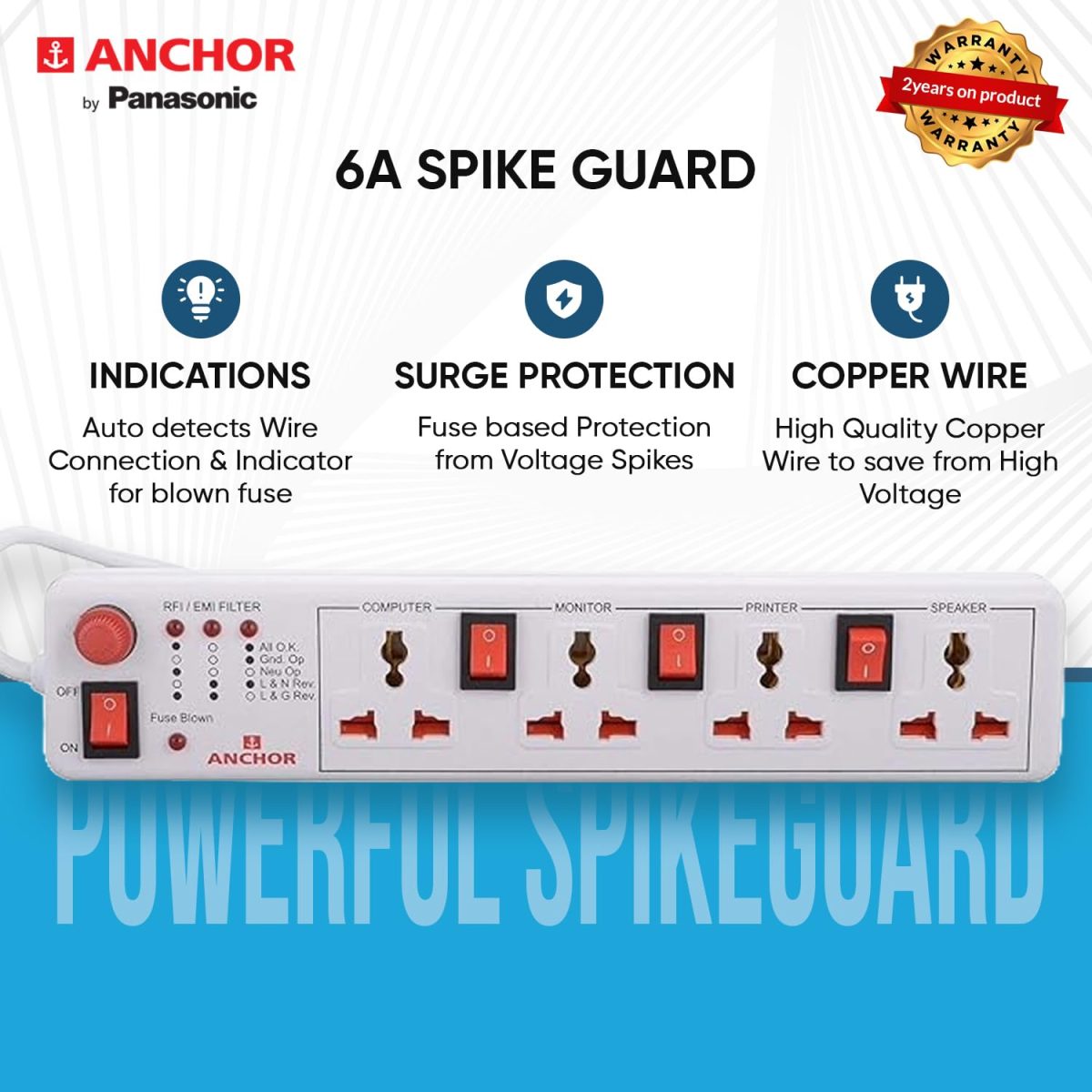 Anchor by Panasonic Spike Guard- 4 Universal Socket Shutter with Individual Switch - 4 Mtr (22569) - Image 3