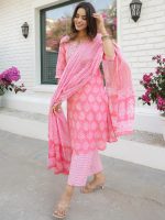 Libas Women Yoke Design Cotton Straight Kurta Trouser With Dupatta Set - Image 3