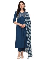 FIORRA Women's Teal Blue Poly Crepe Straight Kurta with Pant and Dupatta SET0059 - Image 2