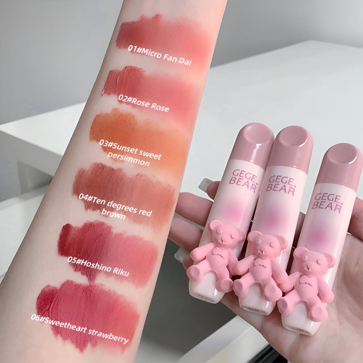 Gege Bear Tender Lip Glaze | Cute Lipstick Combo Set for Women with Glossy Finish | Pink, Brown & Nude Shades Waterproof Long Lasting | Liquid Lipgloss with Teddy Bear Case (05# Hoshino Riku, 2.5g) - Image 2