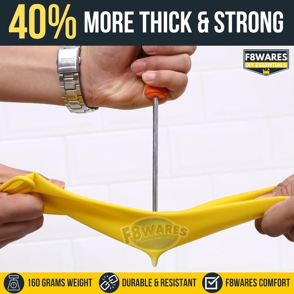 F8WARES All Purpose Heavy duty Rubber Hand Gloves for Cleaning, Kitchen, Washing Utensils, Gardening, Industrial, Safety, Construction & More - Waterproof Bathroom & Toilet Gloves 1 Pair Yellow - Image 2