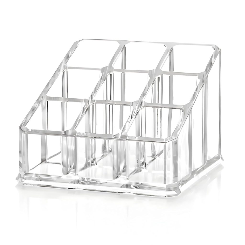 Clear Acrylic 9-Slot Lipstick & Cosmetic Organizer – Compact Makeup Holder for Lipstick, Lip Balm, Essential Oils & More – Transparent Plastic Storage Stand