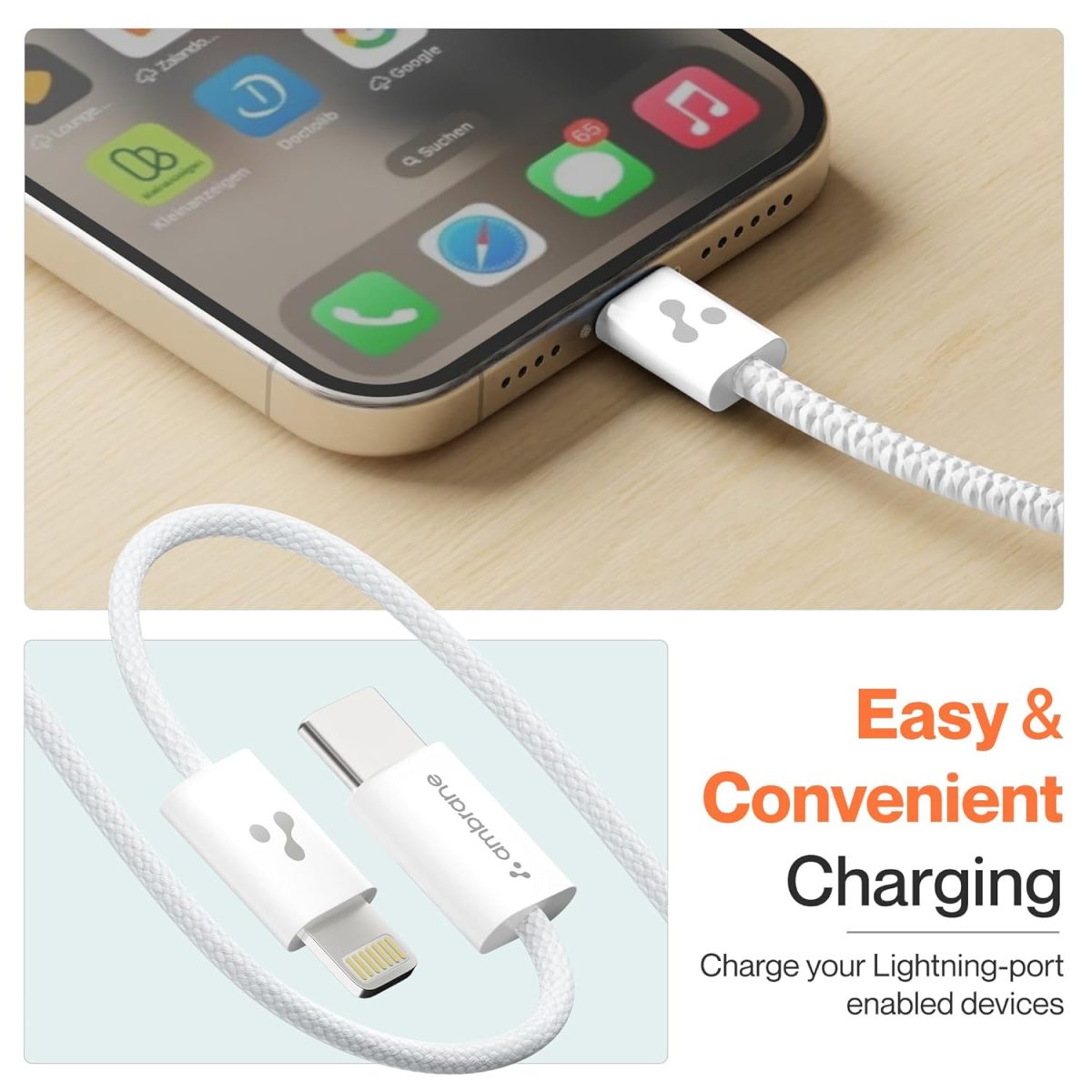 Ambrane Type-C to Lightning Cable, 22.5W Fast Charging Cable Compatible with iPhone 14, 13, 12,11, X, 8, 7, 6, 5, Pro,Max, iPad, Macbook, iMac, AirPods, Supports CarPlay, 1.2m (ABTL-Q12, White) - Image 7