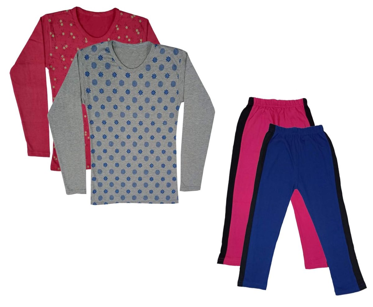 IndiWeaves Girls Cotton Full Sleeve Printed T-Shirts and Cotton Capri 3/4 Pants (Magenta,Blue,Maroon,Grey) Pack of 4