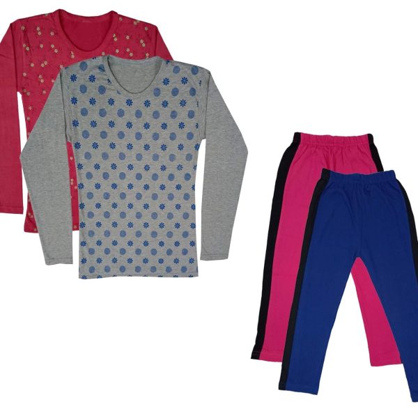 IndiWeaves Girls Cotton Full Sleeve Printed T-Shirts and Cotton Capri 3/4 Pants (Magenta,Blue,Maroon,Grey) Pack of 4
