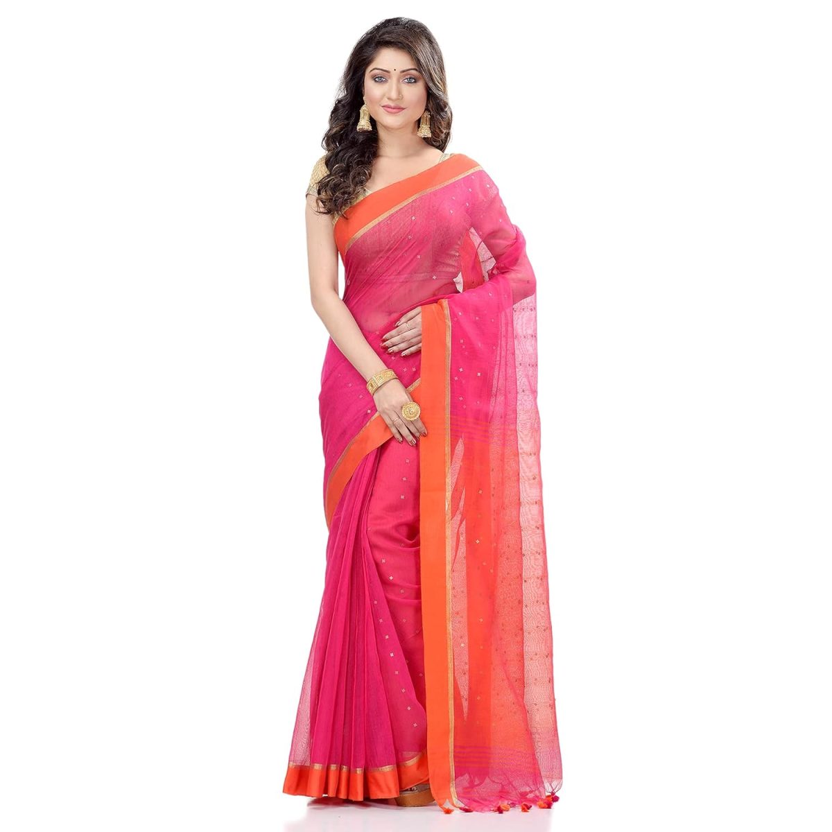 Bengal Cotton Women`s Tant Silk Handloom Cotton Saree Sequence Work With Blouse Piece(Pink Orange) - Image 3
