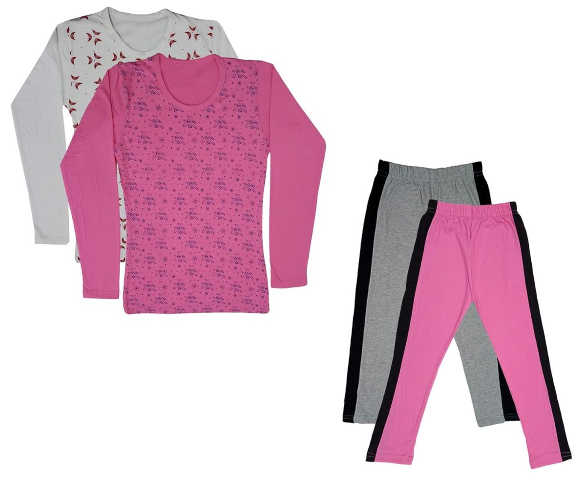 IndiWeaves Girls Cotton Full Sleeve Printed T-Shirts and Cotton Capri 3/4 Pants (Grey,Pink,White,Pink,11-12 Years) Pack of 4