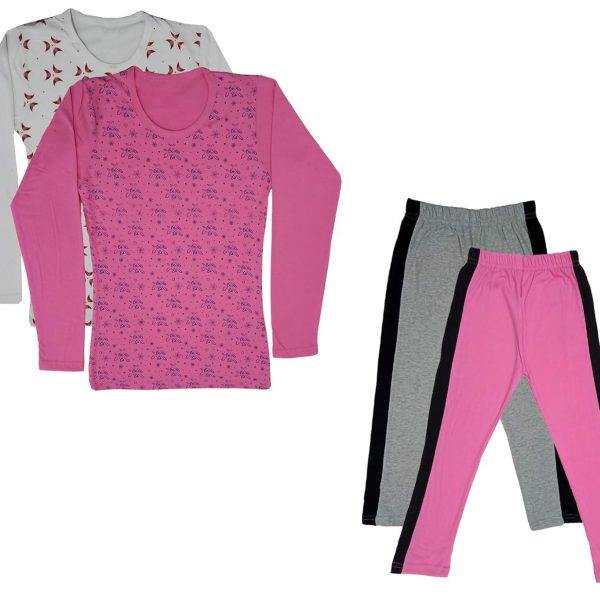 IndiWeaves Girls Cotton Full Sleeve Printed T-Shirts and Cotton Capri 3/4 Pants (Grey,Pink,White,Pink,11-12 Years) Pack of 4