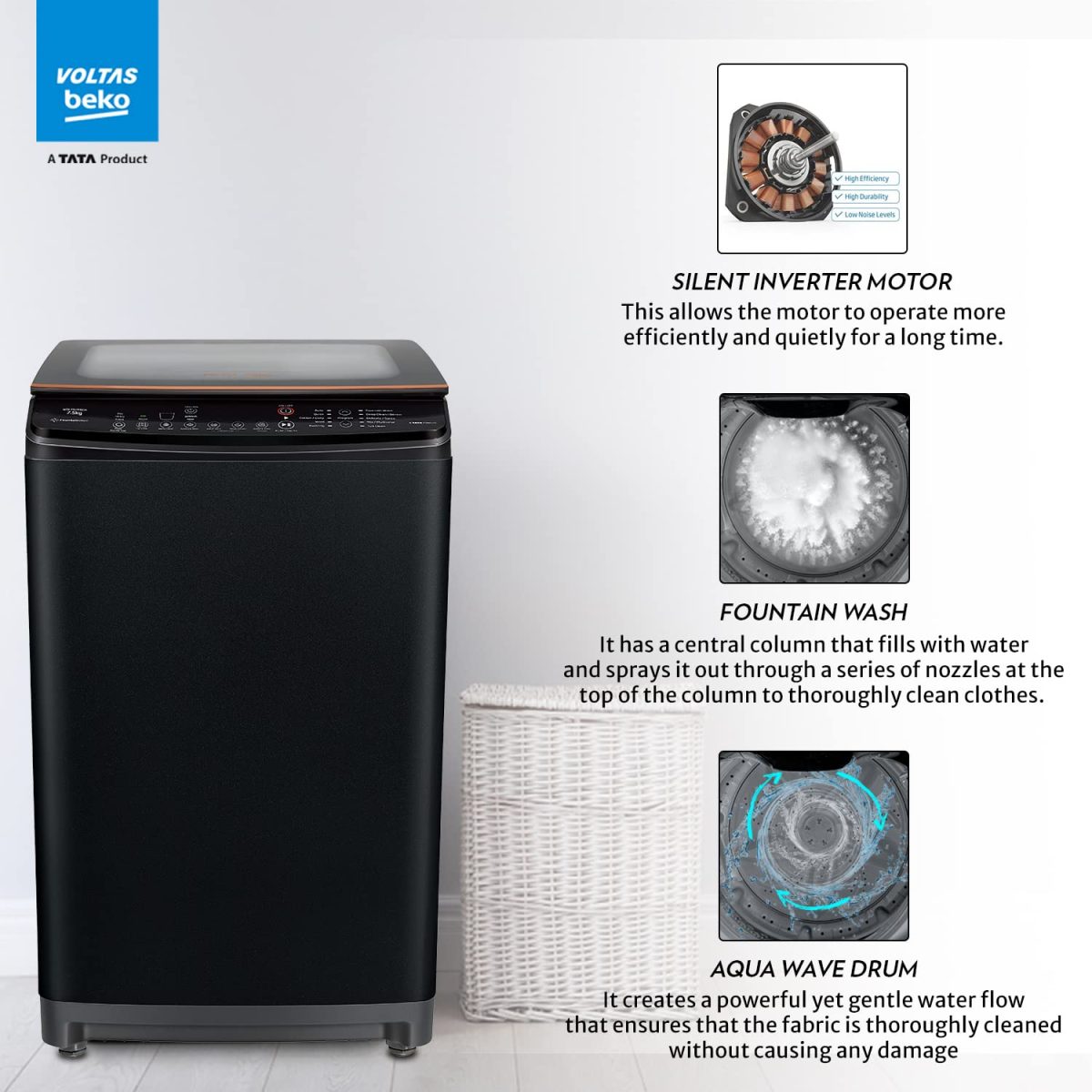 Voltas Beko 7.0 Kg, 5 Star, Inverter, Fully Automatic Top Load Washing Machine (WTL70VPBGF, Black), JET Wash/ Hand Wash, Drum Light,Fountain Wash - Image 2
