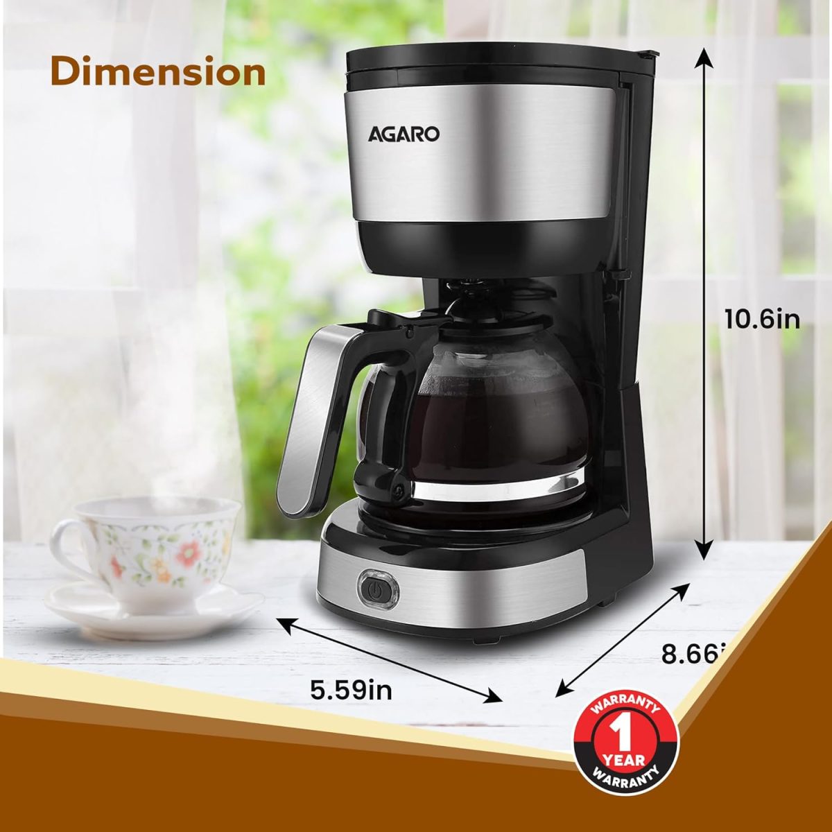 AGARO Royal 4 Big Cups Drip Coffee Maker, 600 Ml Borosilicate Glass Carafe Jar, 750W, Water tank with Level Indicator, Brewer Machine with Cone Filter, Auto Shut Off, Stainless Steel Body, Black - Image 7