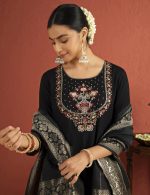 Kaari Women's Kurta Set with Dupatta - Anarkali Style | Gown Length | Placement Neck Embroidery & Gota Border | Rich Brocade Dupatta | Straight Pant | Kurta Set For Women - Image 4