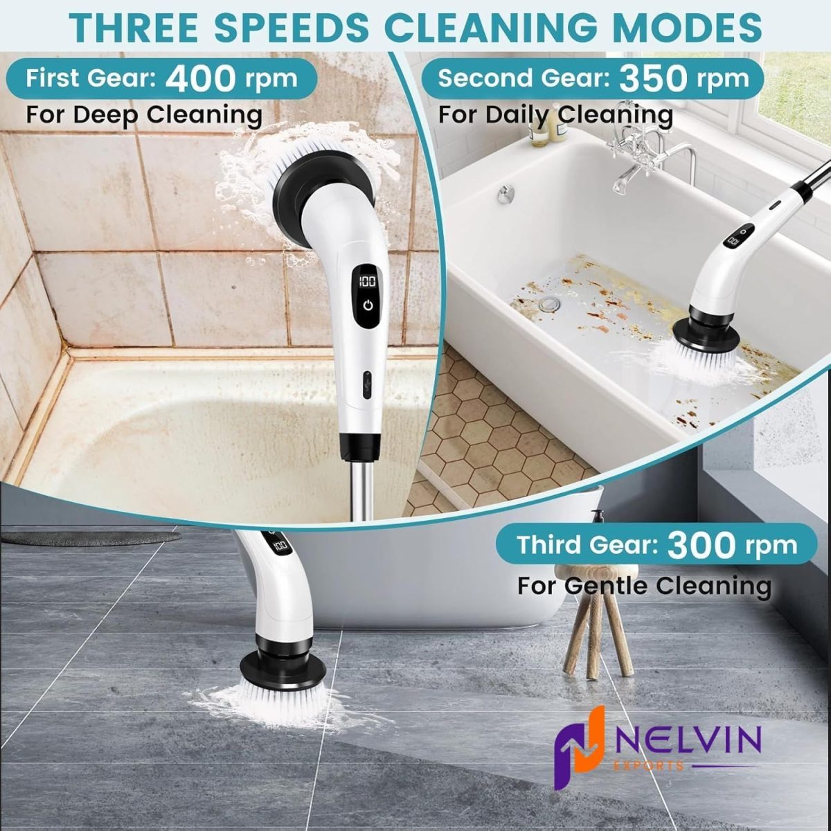 NELVIN EXPORTS Electric Spin Scrubber,Cleaning Brush Scrubber for Home, 400RPM/Mins-9 Replaceable Brush Heads-90Mins Work Time,Adjustable Size,2 Adjustable Speeds for Bathroom Shower Bathtub Glass Car - Image 3