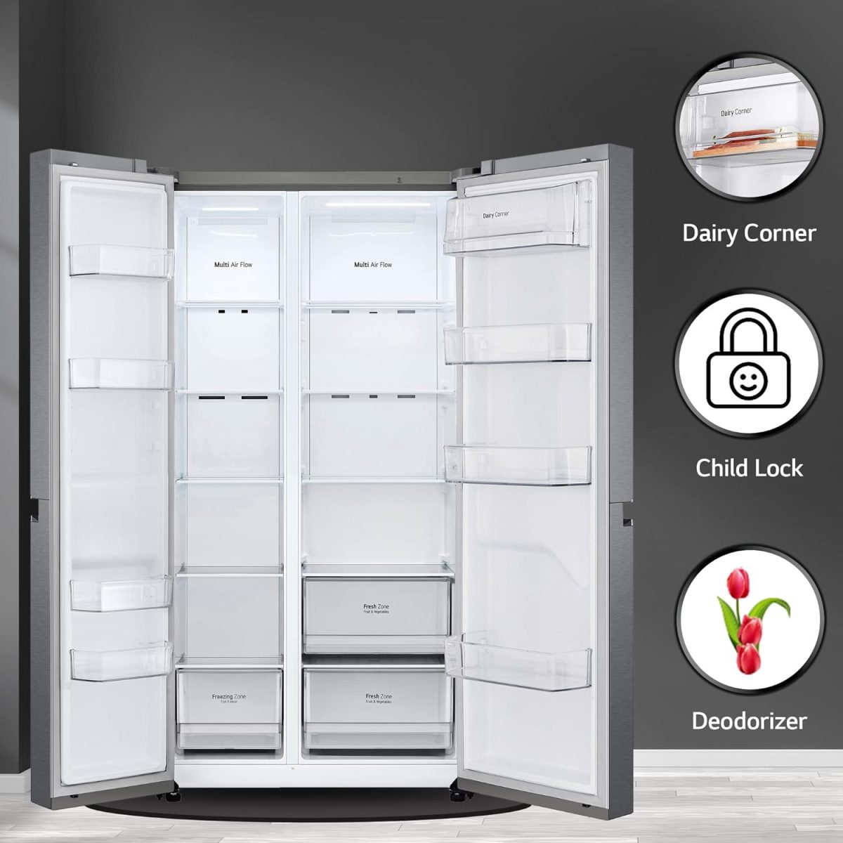 LG 688 L Frost-Free Smart Inverter Compressor Side-By-Side Refrigerator (GC-B257KQDV, Dark Graphite Steel, Multi Digital Sensors and Express Freezing, 2022 Model) - Image 3