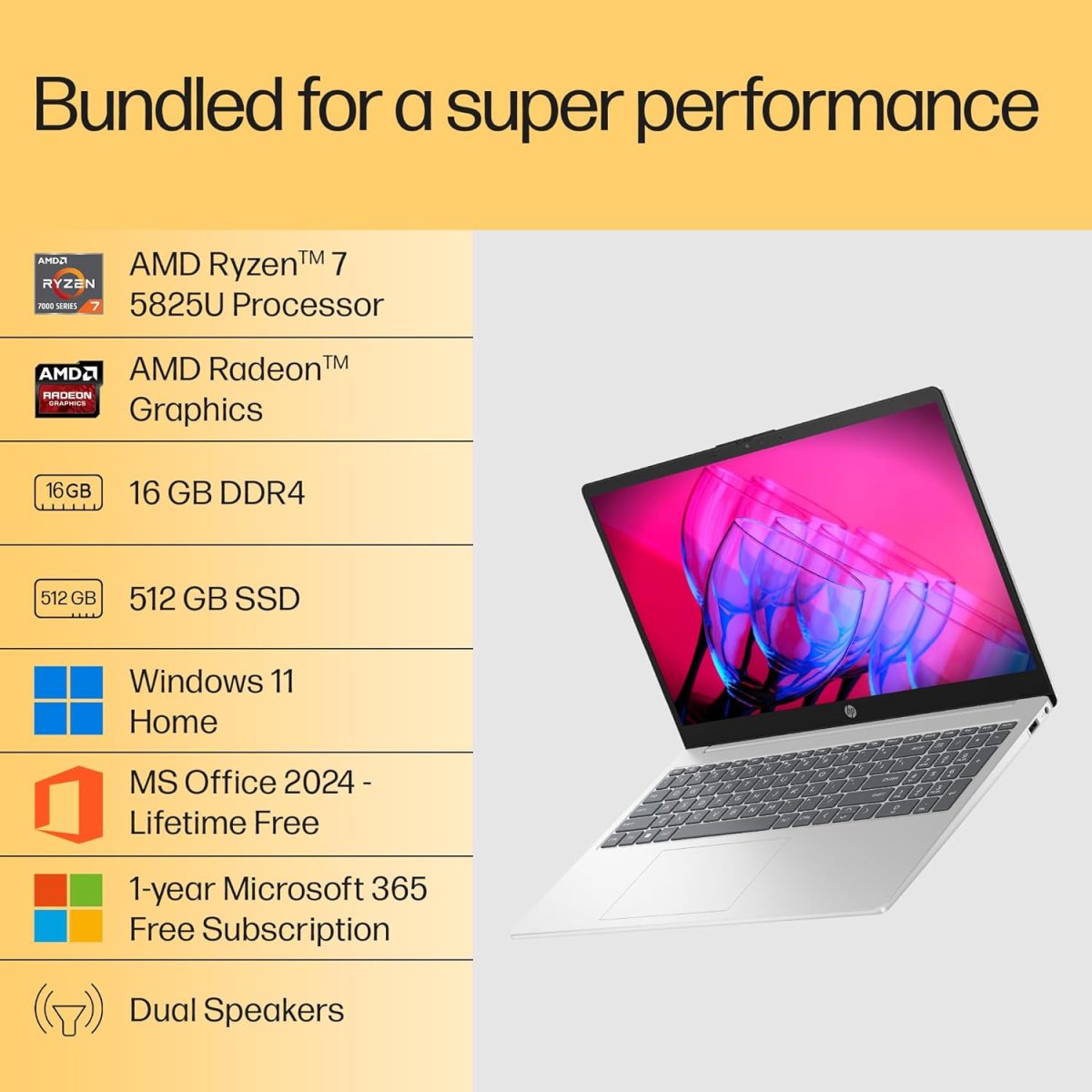 (Refurbished) HP 15, AMD Ryzen 7 5825U (16GB DDR4, 512GB SSD) FHD, Anti-Glare, Micro-Edge,15.6''/39.6cm, Win11, M365(1yr)* Office24, Silver, 1.59kg, fc0476AU, Radeon Graphics, FHD Camera w/Shutter, Backlit Laptop - Image 2
