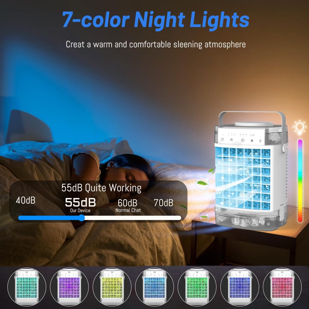 SPNOR Portable Air Conditioners, 1600ML Mini Air Cooler Evaporative Personal, 3 Wind Speed, 2-4-8H Timer, 3 Modes, Colorful Night Light, Portable for Room, Car, Bedroom - Image 4