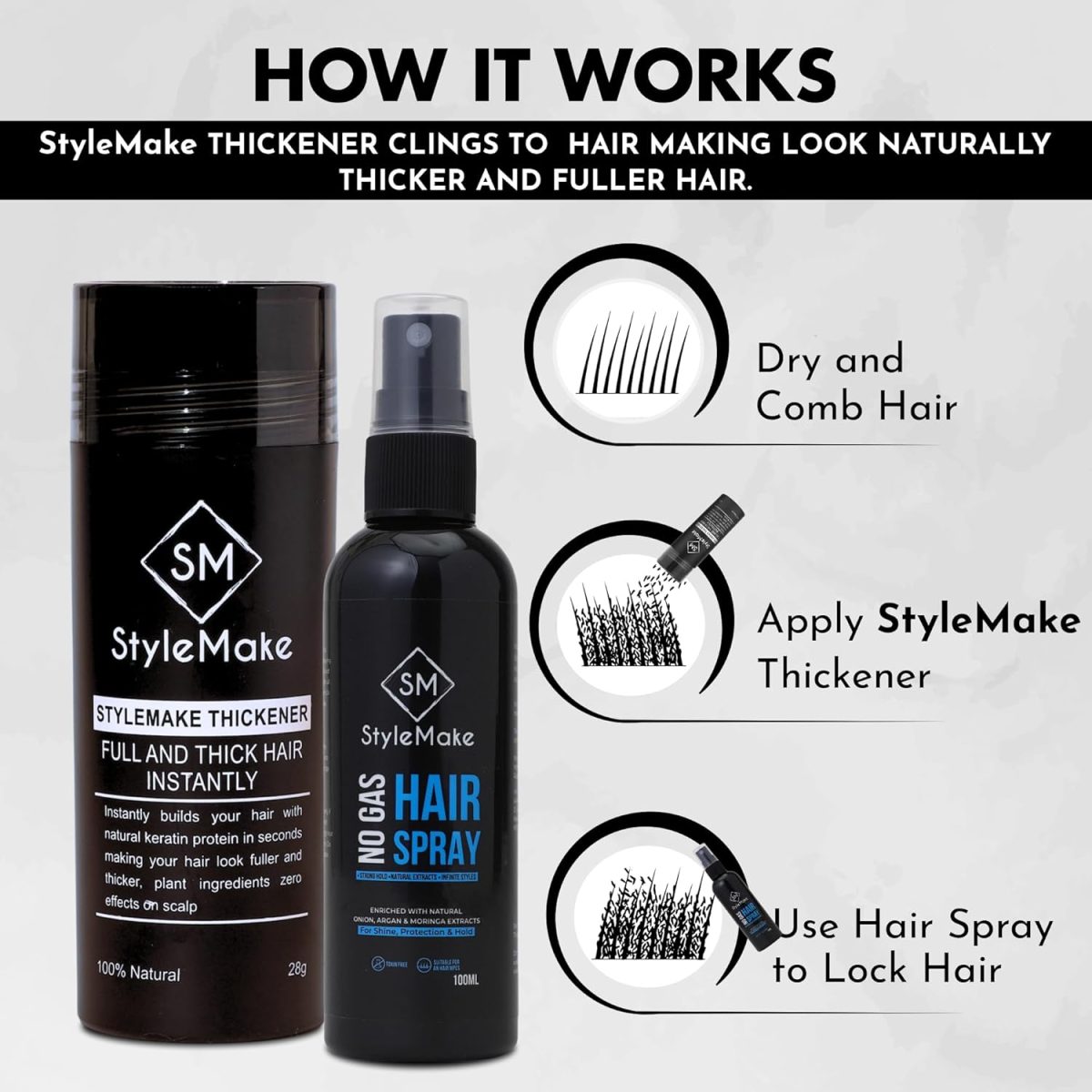 StyleMake Thickener Hair Fiber Black 28g + Fibre Lock Spray 100ml — The Ultimate Duo for Instant Volume & Fuller Look for Men & Women (Black 28g + Spray 100ml) - Image 5