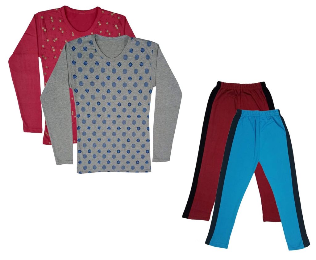 IndiWeaves Girls Cotton Full Sleeve Printed T-Shirts and Cotton Capri 3/4 Pants (Maroon,Sky Blue,Maroon,Grey,11-12 Years) Pack of 4