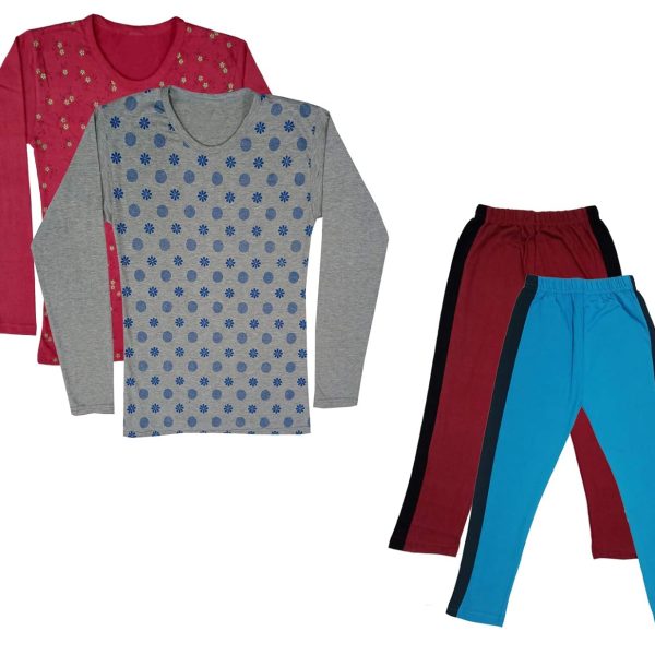 IndiWeaves Girls Cotton Full Sleeve Printed T-Shirts and Cotton Capri 3/4 Pants (Maroon,Sky Blue,Maroon,Grey,11-12 Years) Pack of 4
