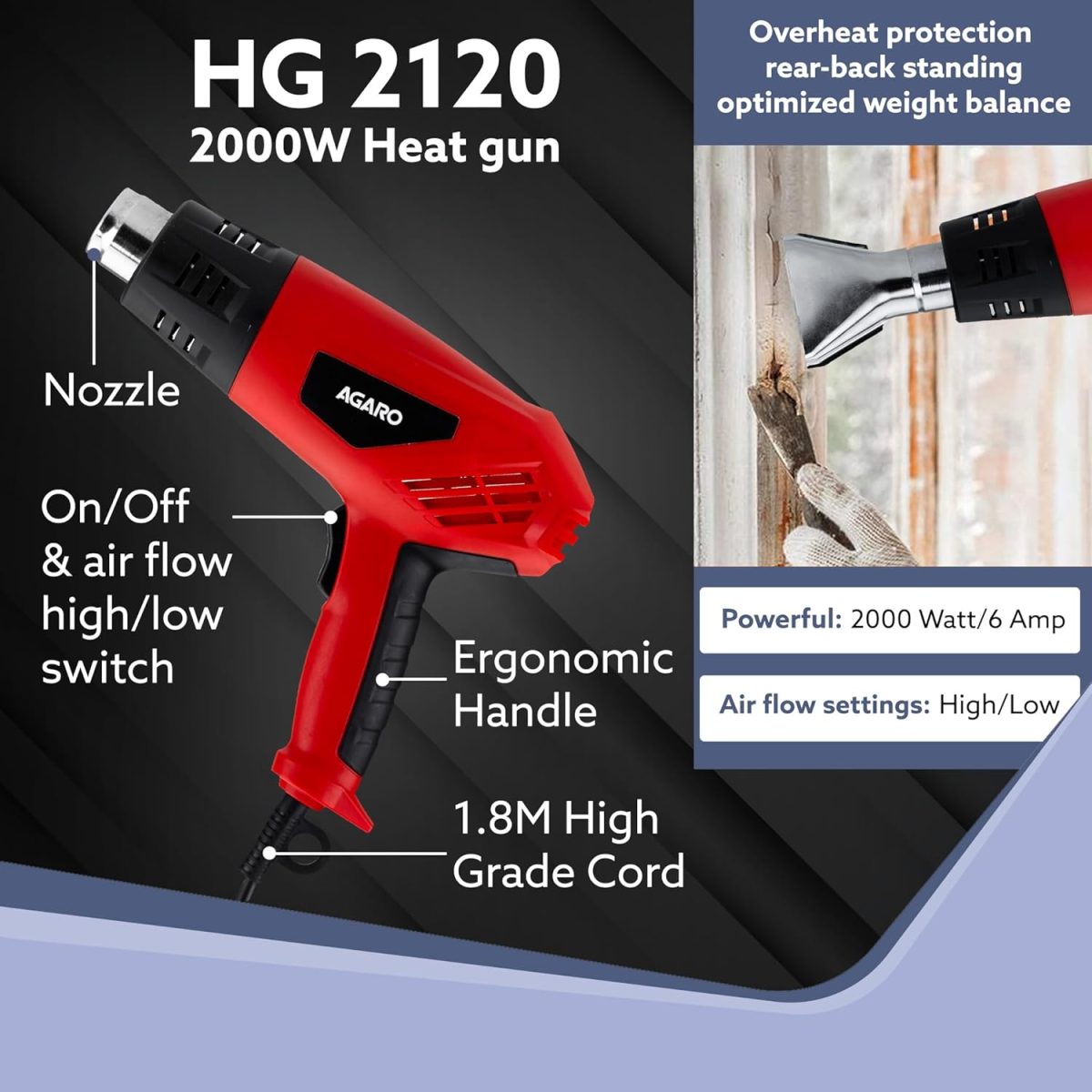 AGARO 2000W Heat Gun HG2120, Dual Temperature and Air Flow Control with 4 Nozzle Attachments, Hot Air Gun Heating helps in Shrink Wrapping, Paint Removal, Wire Shrinking, Crafting - Image 2
