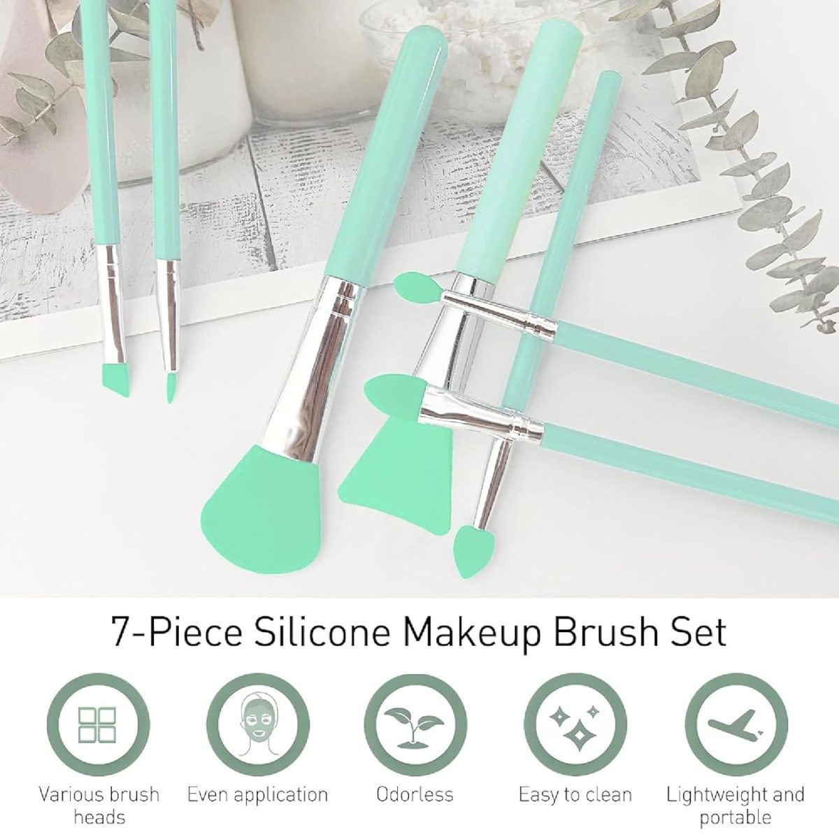 BURRDOFF 7 Pcs Mint Green Silicone Makeup Brush Set (with Leather Pouch) - Facial Mask, Eyeliner, Eyebrow, Eye Shadow, Cream Makeup, Lip, UV Resin Epoxy Art Crafting - Image 4