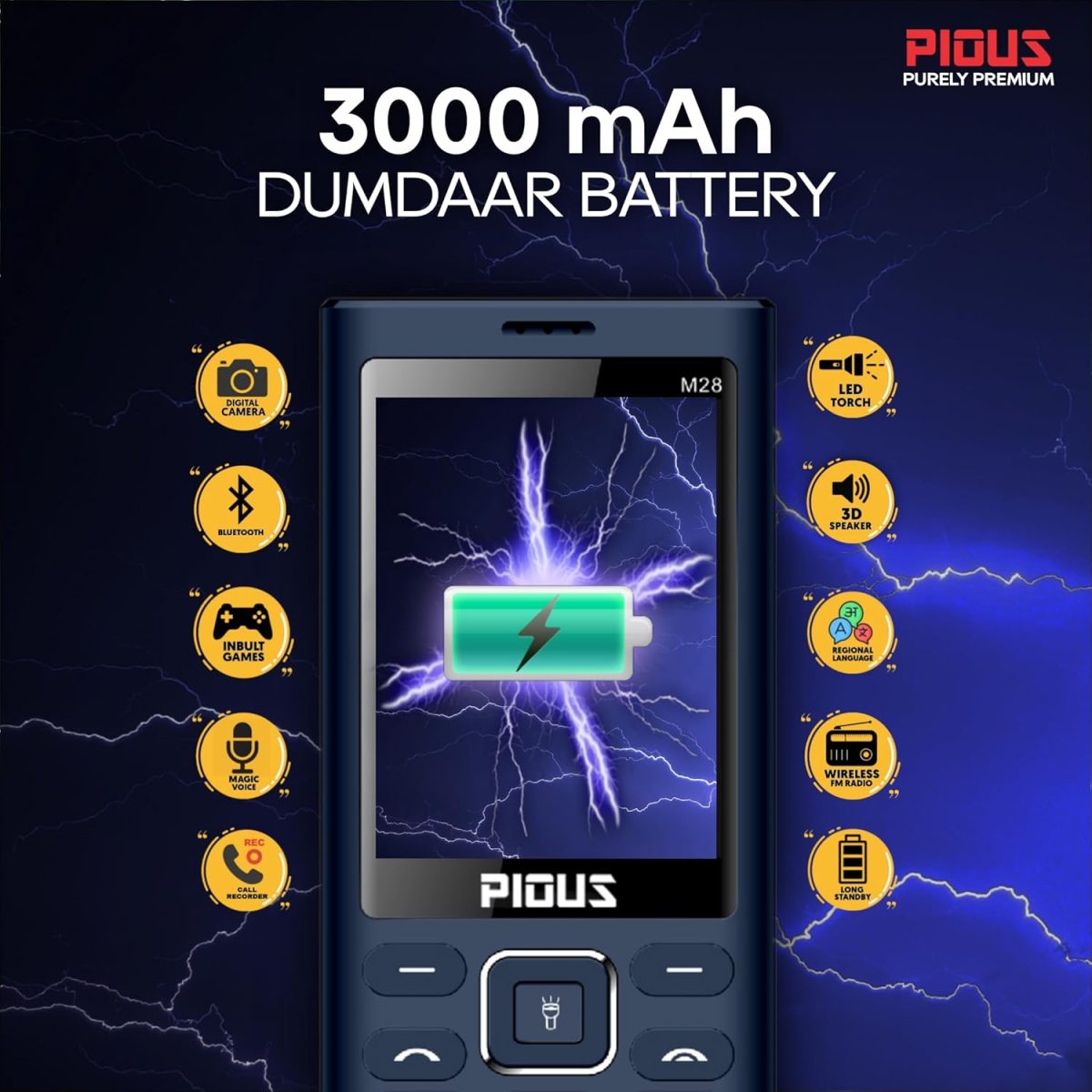 Pious M28 Dual Sim Keypad Mobile Phone (2.8 Inch Display, Wireless FM Radio, 3000 mAh Big Battery, Made in India) (Aqua Blue) - Image 3