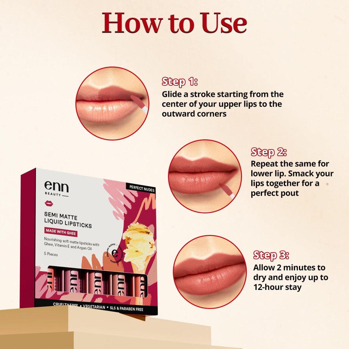 ENN Long Lasting Semi Matte Nourishing Soft Liquid Lipsticks Kit With 12 Hour Coverage | Transfer proof Highly Pigmented Godness of Natural Ingredients of Ghee | Vitamin-E | Argan Oil | Pack Of 5 Perfect Nudes - Image 7