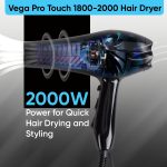 Vega VHDP-02 Professional Hair Dryer For Women & Men- (Pro Touch 1800-2000W) Cool Shot Button, 2 Heat/2 Speed Settings & 2 Detachable Nozzles|Black|2000 Watt - Image 2