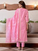 Sanisa Women's Cotton Jacquard Work Straight Kurta with Pant and Dupatta Set - Image 2