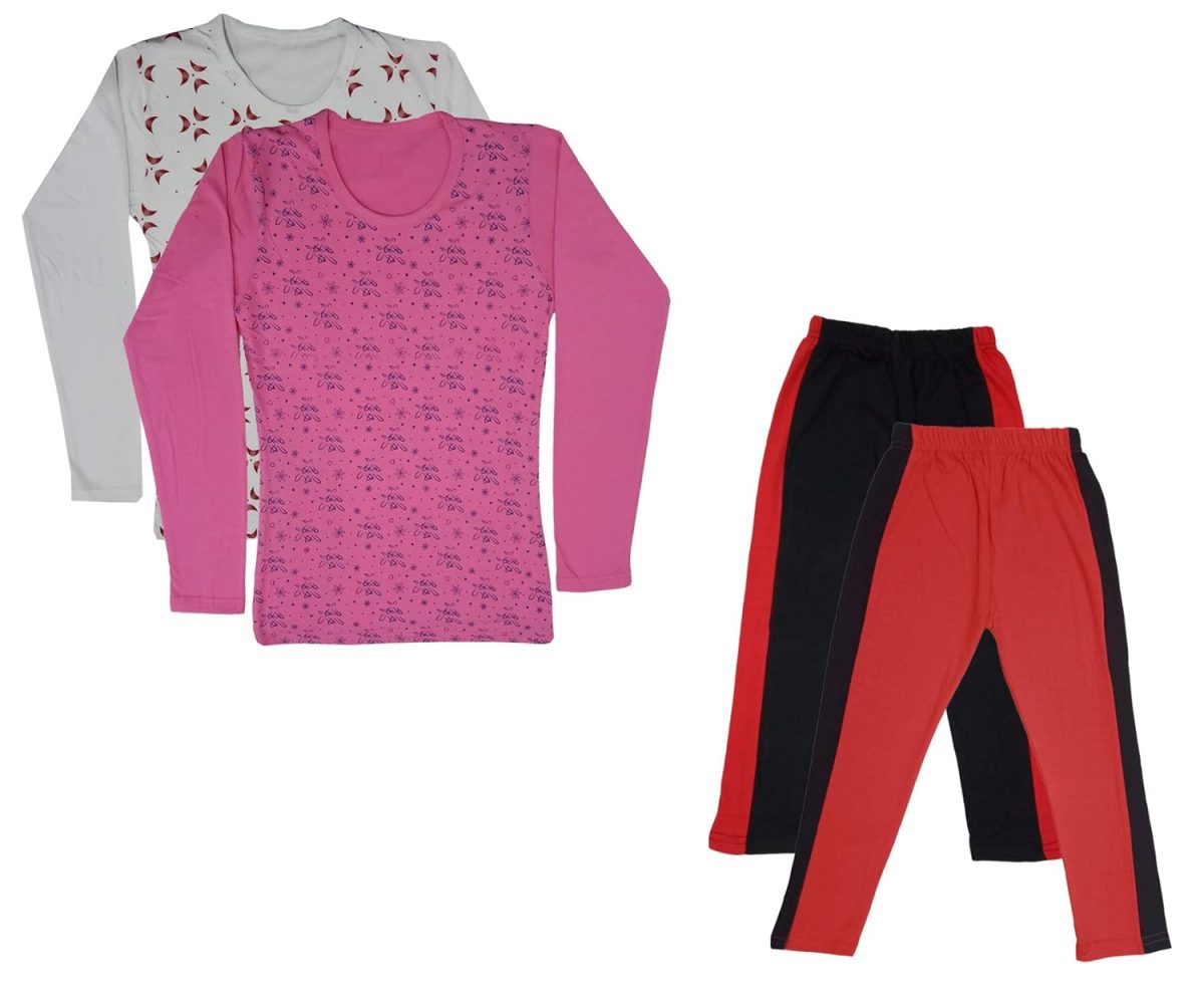 IndiWeaves Girls Cotton Full Sleeve Printed T-Shirts and Cotton Capri 3/4 Pants (Black,Red,White,Pink,6-7 Years) Pack of 4