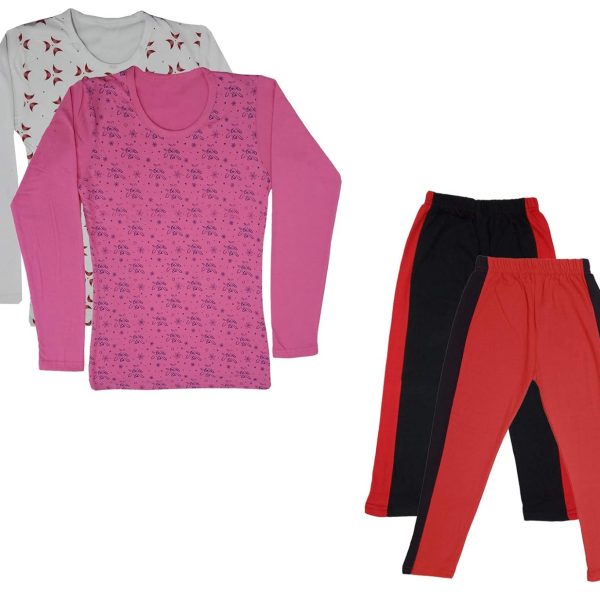 IndiWeaves Girls Cotton Full Sleeve Printed T-Shirts and Cotton Capri 3/4 Pants (Black,Red,White,Pink,6-7 Years) Pack of 4
