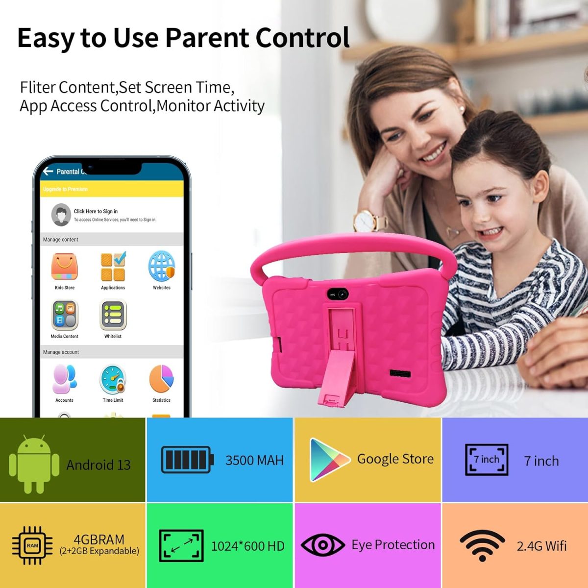 NEWISION 7 inch kids tablet with case, android 13 tablet 32gb with wifi, dual camera, education, games, kids software pre-installed, computer tablet with age filters, - Image 2