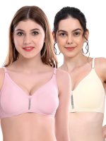 RACOS Women's Cotton Non Padded Wire Free Full Coverage Breathable Adjustable Design Skin White and Pink Color Everyday Bra Combo Set B Cup Pack of 2