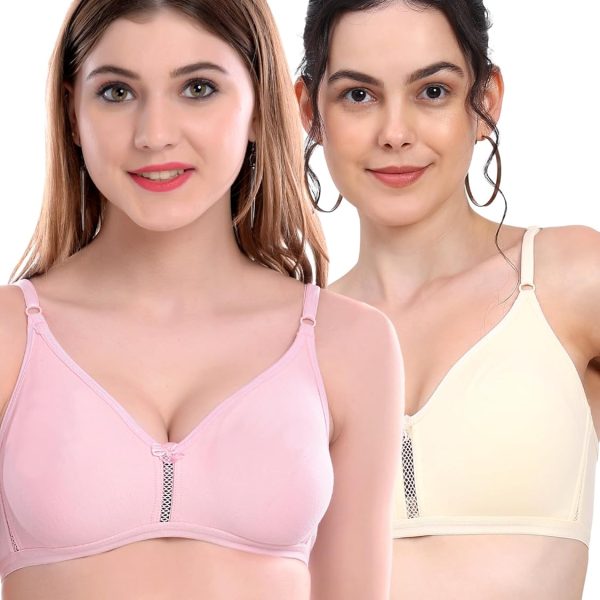 RACOS Women's Cotton Non Padded Wire Free Full Coverage Breathable Adjustable Design Skin White and Pink Color Everyday Bra Combo Set B Cup Pack of 2