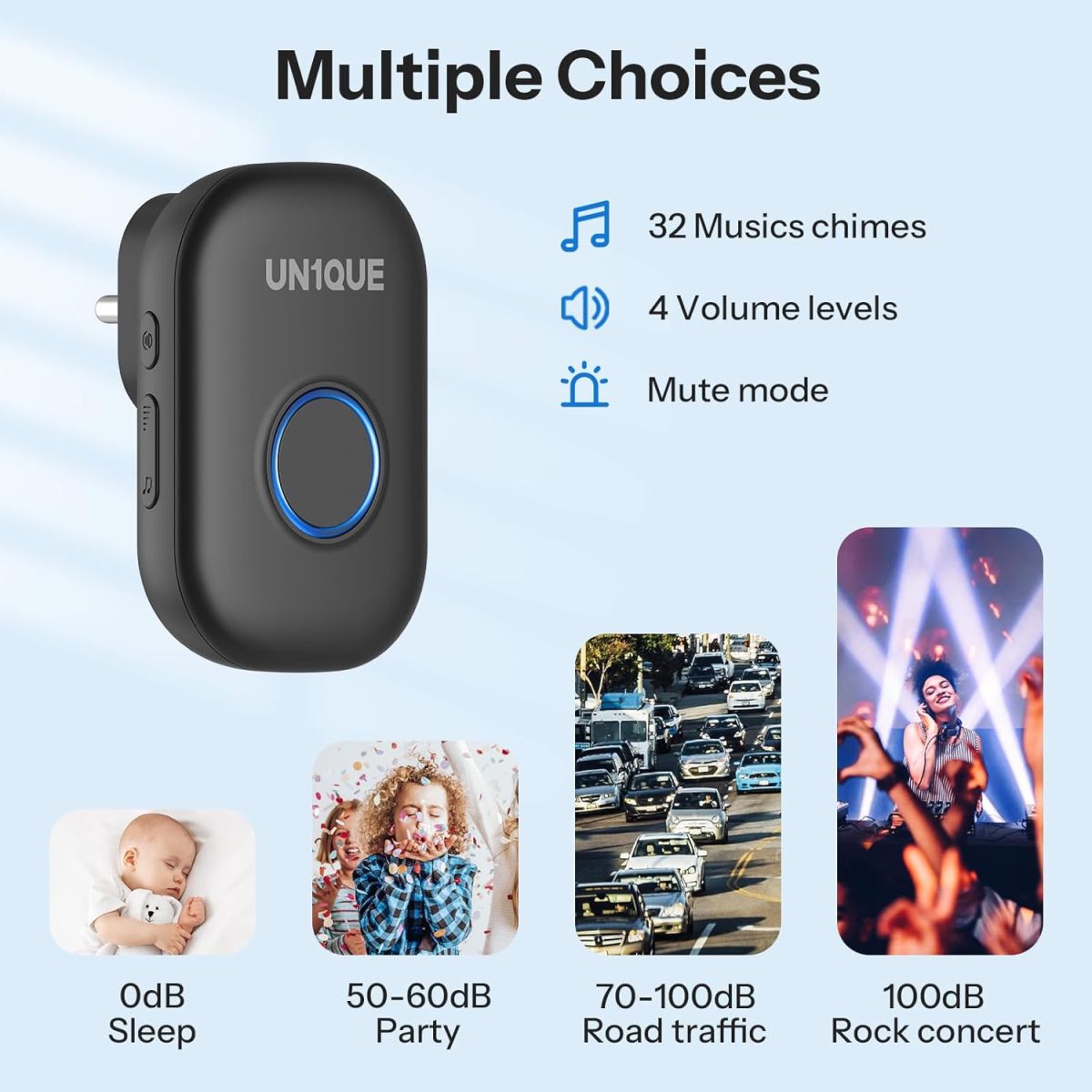 UN1QUE Wireless Door Bell for Home - Small Calling Bell for Office, 1000ft Long Range with 32 Chimes, 100dB Louder Volume, 4 Level Volume, LED Light (U600) (Black 1 Receiver +1 Portable Push Button) - Image 2