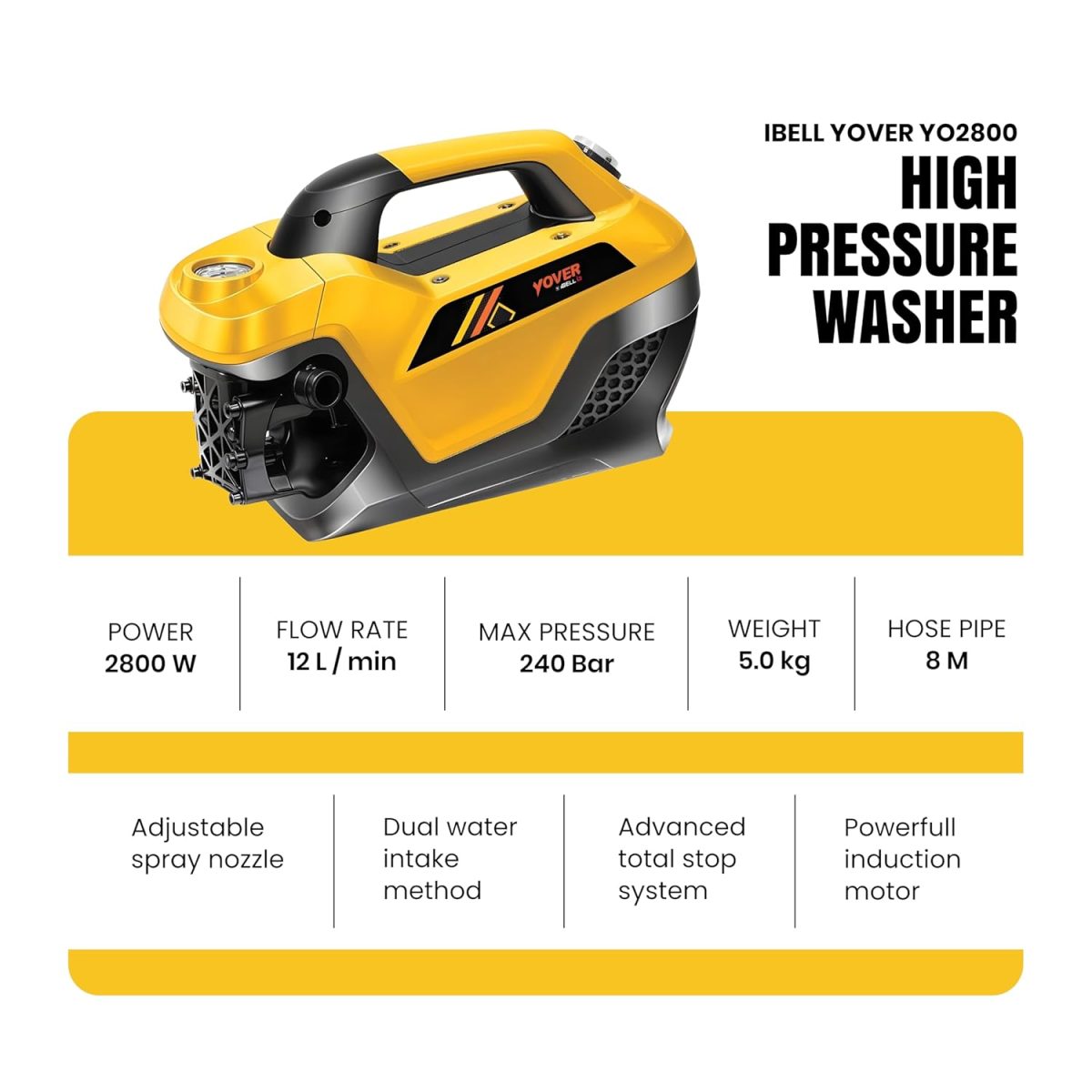 IBELL YO2800 High Pressure Car Washer for Home & Bike Cleaning, 2800W Induction Motor, 240 Bar, 12 L/min Flow, Portable Power Washer with 8M Hose & Spray Gun - Image 3