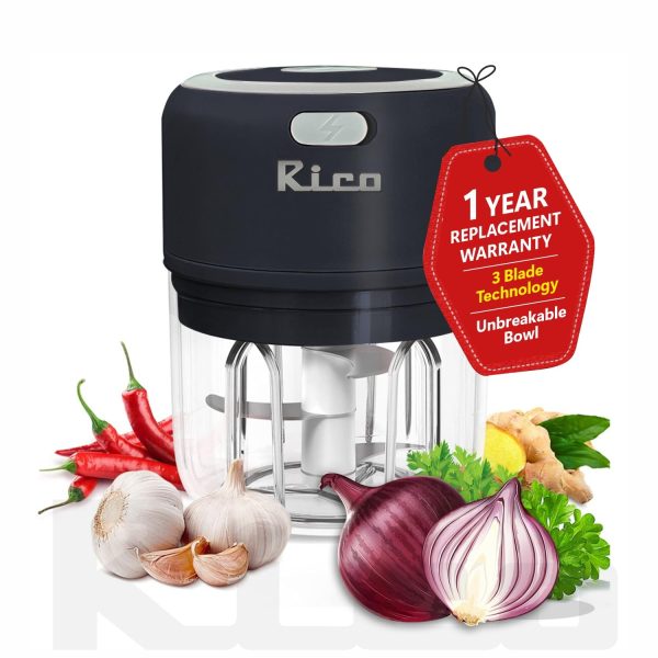 Rico Japanese Technology Wireless Mini Electric Chopper | 1 Year Replacement Warranty | Unbreakable Bowl | One Touch Operation | 10 Seconds for Mincing Garlic, Ginger, Onion, Vegetable, Meat - 250 ML