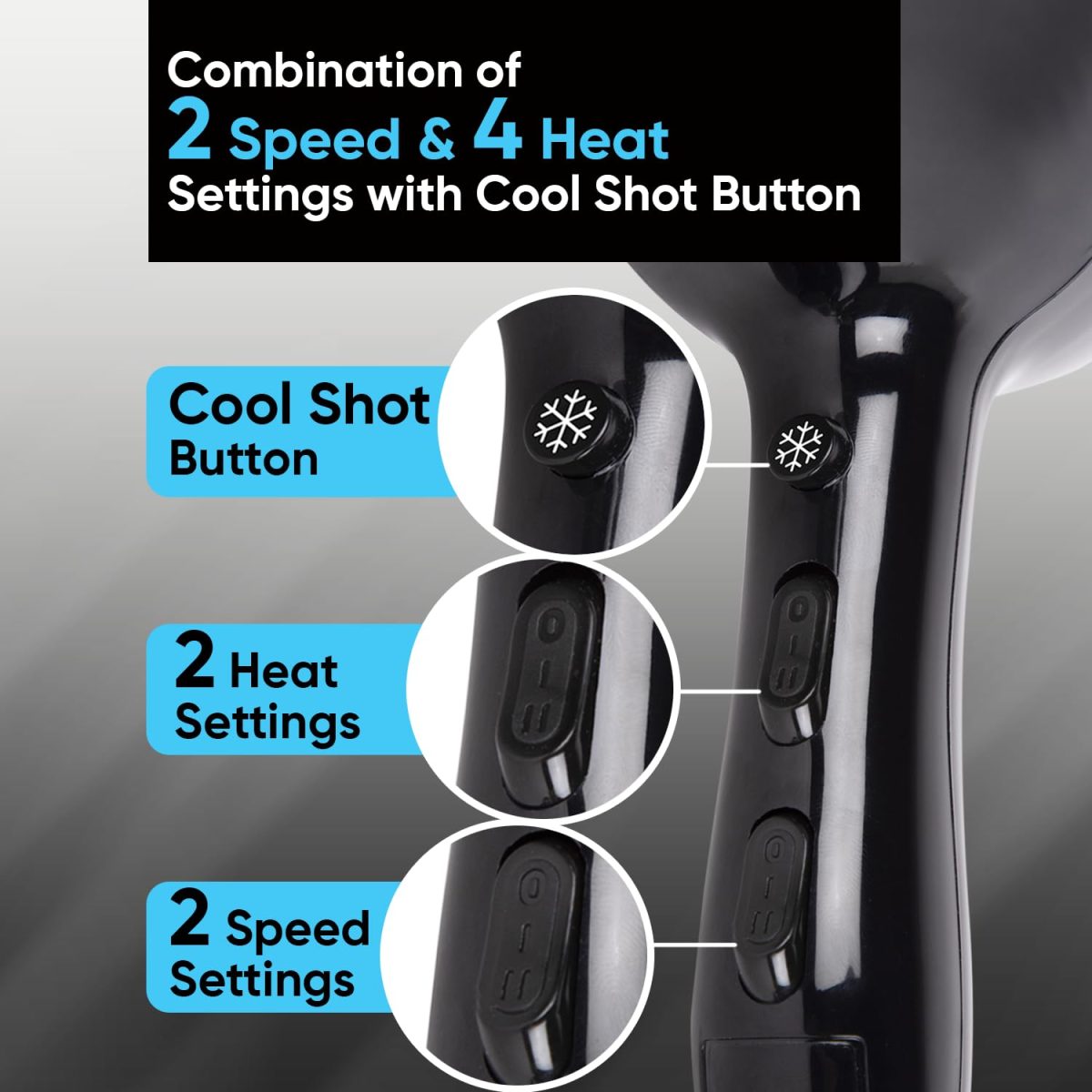Vega VHDP-02 Professional Hair Dryer For Women & Men- (Pro Touch 1800-2000W) Cool Shot Button, 2 Heat/2 Speed Settings & 2 Detachable Nozzles|Black|2000 Watt - Image 3